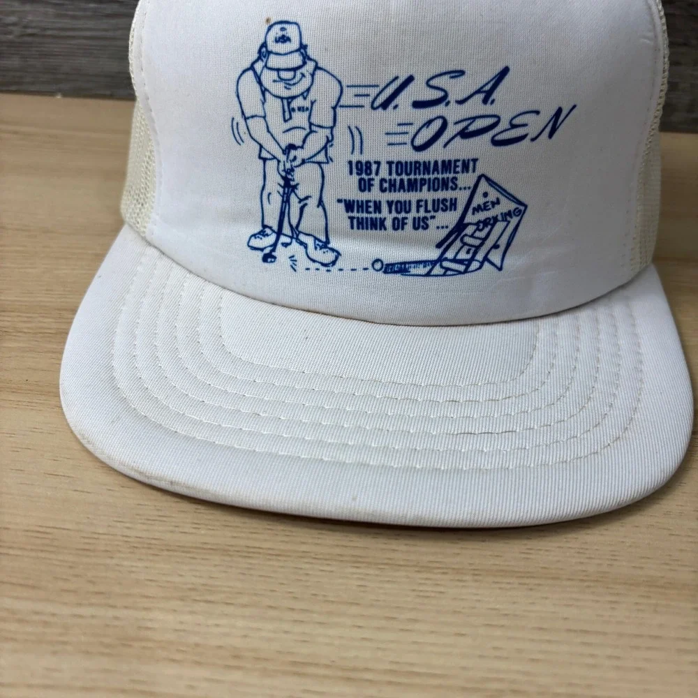 Vintage US Open Hat Cap‎ Snapback White Trucker 1987 When You Flush Adjustable